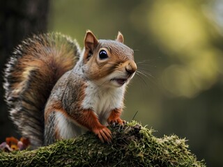 Obraz premium close-up of a red squirrel sitting on a tree stump in the forest. 
