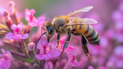 A honey bee on flower collects pollen and nectar