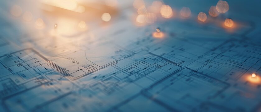 Architectural blueprint illuminated with warm lights, showcasing technical precision and creativity, perfect for construction and design concepts.
