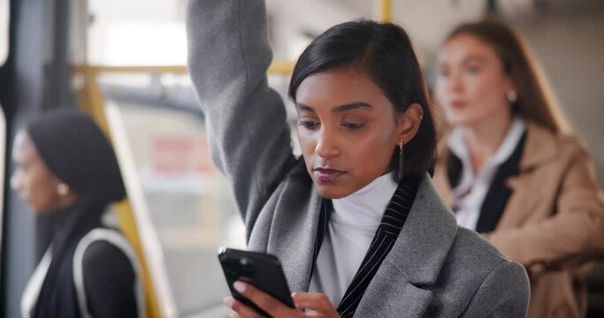 Business, woman and travel with bus and smartphone, typing or waiting for stop with public transportation. Networking, morning and journey with social media, work employee and online browse on metro