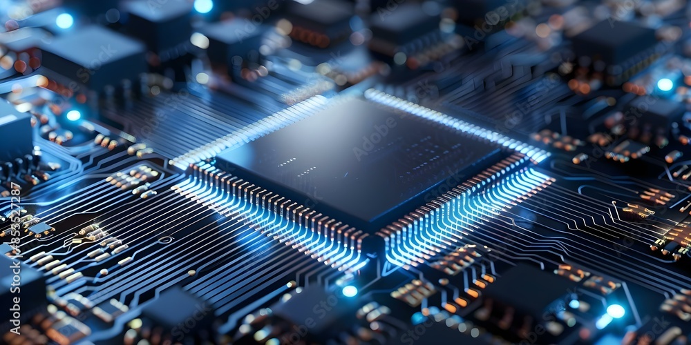 Poster exploring the intricate circuitry and dynamic lighting of a supercomputer's technology texture. conc