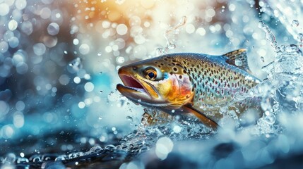Trout bursting from water, colorful and dynamic, splash effects, dramatic angle, double exposure style creating a surreal image