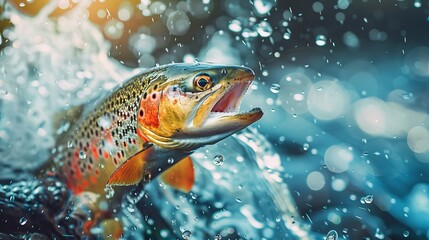 Trout bursting from water, colorful and dynamic, splash effects, dramatic angle, double exposure style creating a surreal image