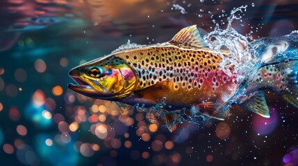 Fototapeta premium Trout in dynamic leap, vibrant colors, water splash captured, dramatic perspective, double exposure style