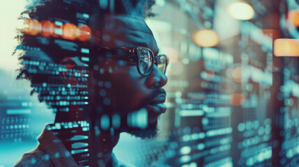 Portrait of a black afro american man data analyst in information technology letting see data flow , professional business male with copy space