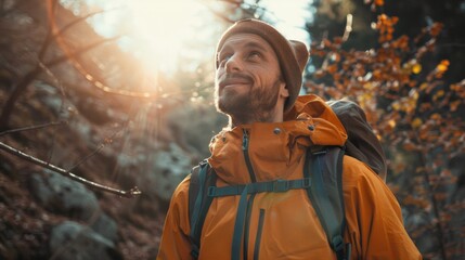 Fototapeta premium Portrait, sunshine and hiking with man, fitness and journey with nature, smile and getaway trip. Wellness, person and hiker