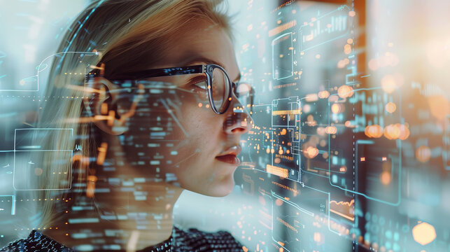 Portrait of a blonde caucasian woman data analyst in information technology letting see data flow , professional business female with copy space