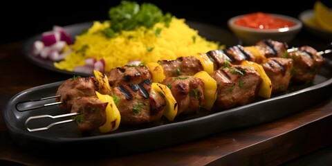 Fototapeta premium Succulent Joojeh Kabab A Close-Up of Persian Chicken Kebab with Saffron Rice. Concept Food Photography, Close-Up Shots, Persian Cuisine, Chicken Kebab, Saffron Rice