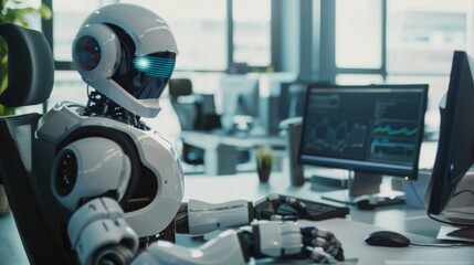 Fototapeta premium robot sitting at the desk and working in the office artificial intelligence, business and automation concept