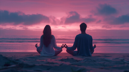 A man and woman meditating on the beach at sunset, with golden hour light and a calm ocean in the background.