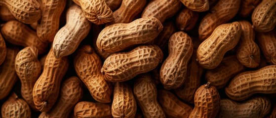 Close-up view of raw, unpeeled peanuts in their shells, showcasing their textured surface and natural brown color, perfect for a food or health theme.