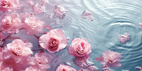 Water background. Pink aqua texture, surface of ripples, white, flower, shadows and sunlight. Spa and cosmetic concept background. Flat lay, top, Generative AI 