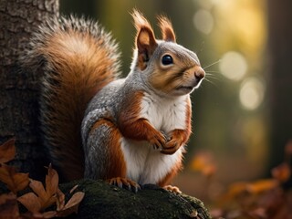 Obraz premium red squirrel in the forest, close-up, blurred background