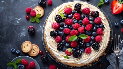 Baked chess cake with a topping of fresh berries and cookies, top view, selective focus, mouthwatering cheesecake presentation