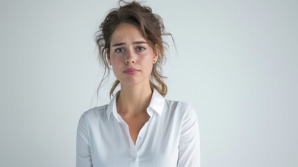 Obraz premium sad office girl, europe woman sulking and frowning disappointed, standing upset and distressed against white background