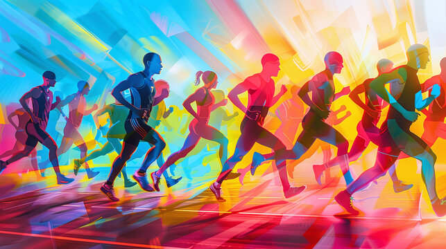 Colorful silhouettes of people painted in watercolor in a sport event