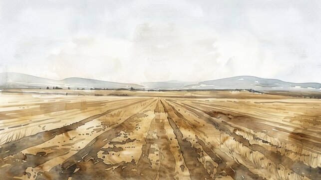 Watercolor illustration of a monoculture field with reduced biodiversity, barren landscape, wide-angle view, muted earth tones