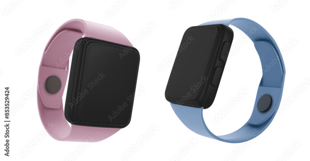 Poster smartwatch with blank screen and color wrist band side angle view. realistic 3d vector set of electr