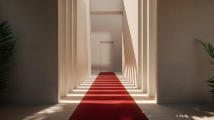 Elegant architectural hallway with tall pillars and a red carpet leading to a bright entrance, creating a refined and luxurious atmosphere.