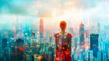 Woman in a red dress admiring the cityscape, vibrant and colorful city with unique architecture, double exposure effect, artistic and surreal