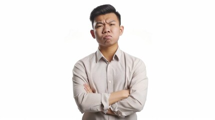 sad office, asian man sulking and frowning disappointed, standing upset and distressed against white background
