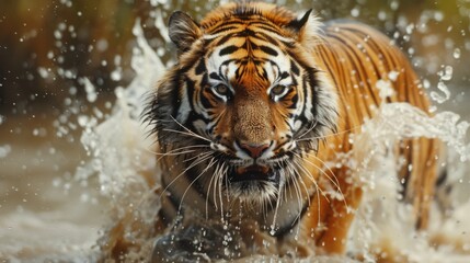 Obraz premium Siberian tiger, Panthera tigris altaica, low angle photo direct face view, running in the water directly at camera with water