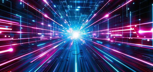 Fototapeta premium Futuristic digital background with glowing neon lights and dynamic lines, perfect for technology and innovation themes.