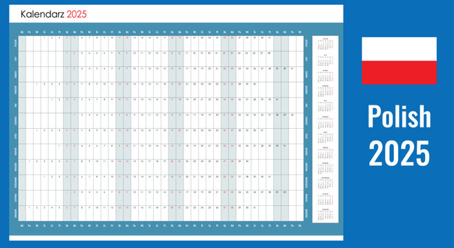 Annual planner calendar 2025, one page wall organizer in Polish with blank copy space for notes
