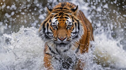 Obraz premium Siberian tiger, Panthera tigris altaica, low angle photo direct face view, running in the water directly at camera with water