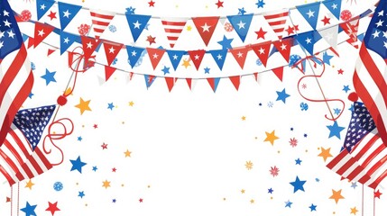 Fototapeta premium Patriotic celebration background with American flags, festive bunting, and confetti, perfect for Independence Day or national holidays.