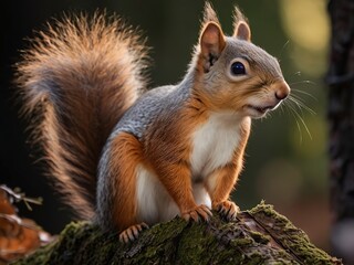 Obraz premium Close-up of a cute red squirrel in the forest, blurred background