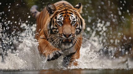 Obraz premium Siberian tiger, Panthera tigris altaica, low angle photo direct face view, running in the water directly at camera with water
