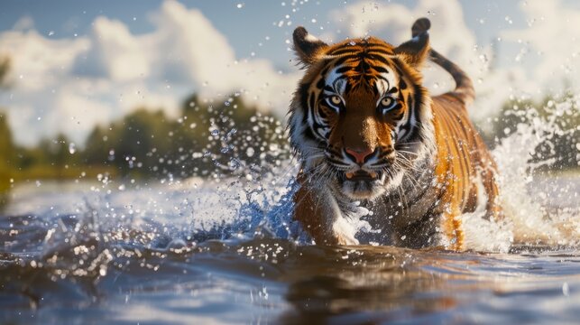Siberian tiger, Panthera tigris altaica, low angle photo direct face view, running in the water directly at camera with water