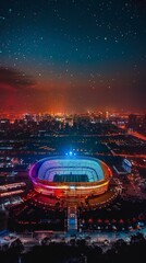 Fototapeta premium European Football Championship Stadium with 'Sustainable Elegance' Design, Integrating Modern Architecture and Natural Elements, Eco-Friendly LED Lighting Creating a Serene Atmosphere at Night, High-R