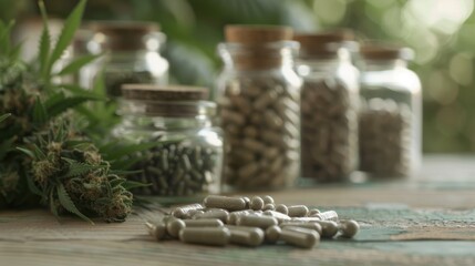 Herbal capsules and medicinal plants arranged with glass jars in background. Natural alternative medicine concept.