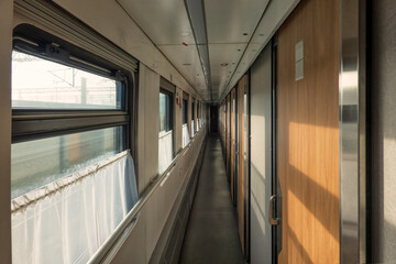Long-distance train carriage corridor perspective. There are compartment windows and doors....