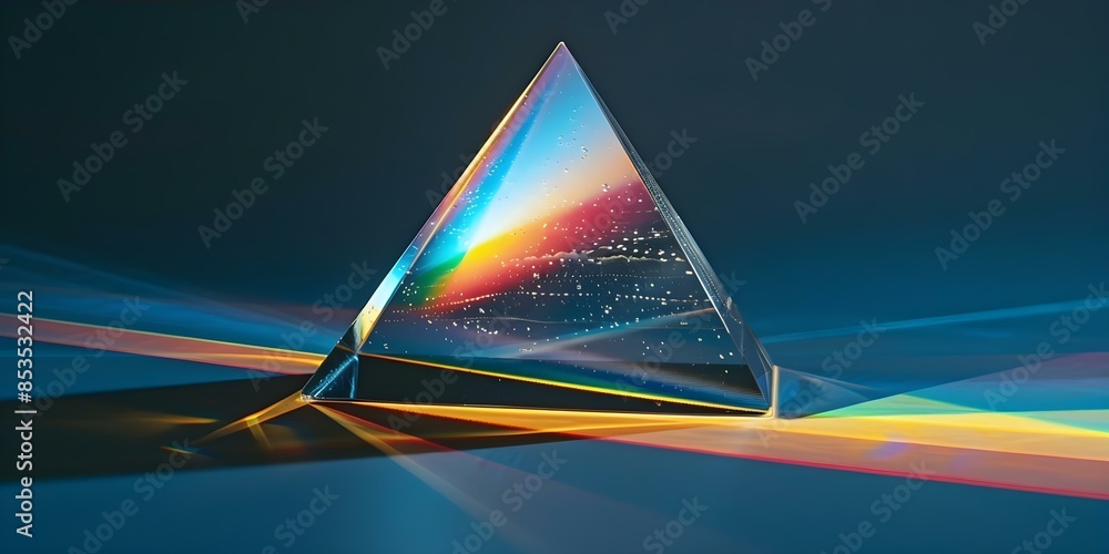 Poster demonstration of prism refracting light into spectrum through reflection process. concept prism, lig