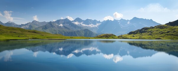 Fototapeta premium Serene mountain landscape with clear blue lake and distant peaks reflected in calm water under a bright sky with fluffy clouds.