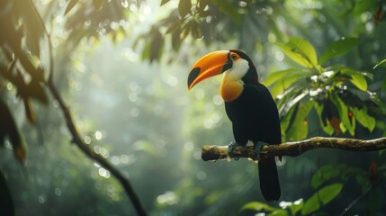 Fototapeta premium toucan tropical bird sitting on a tree branch in natural wildlife environment in rainforest jungle