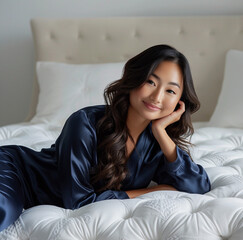 asian woman in navy blue satin pyjama, peacefully asleep on her side atop a luxurious mattress, with her backside facing the viewer to highlight the mattress's support and comfort for the spine. 