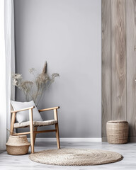 Interior design composition with minimal furniture mixing beige and light grey tones. Living room interiors in a luxury residence.