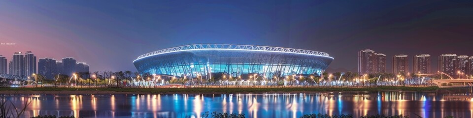 Fototapeta premium European Football Championship Stadium with Advanced Pseudo-Color Lighting Technology, Aerial Night View of Football Match, Stadium Illuminated in Various Colors Like Gold and Silver, Enhancing Visual