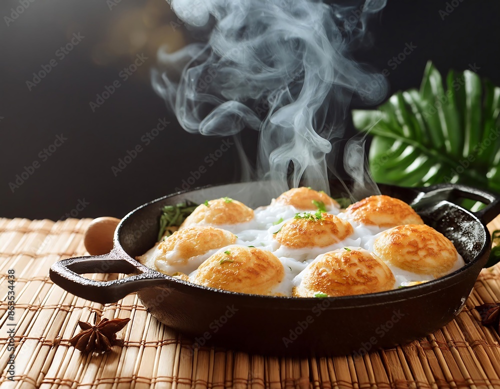 Wall mural Kanom Krok, Thai coconut rice pancake, sizzling in a cast-iron pan with steam rising - Wall murals