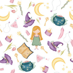Seamless pattern with magic stuff. Childrens cute pattern, background. Whimsical design perfect for adding a touch of magic and adventure