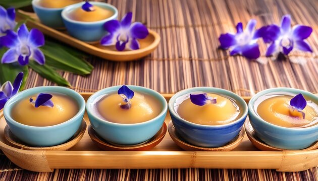 Khanom Thuay, Thai coconut milk custard in small porcelain bowl