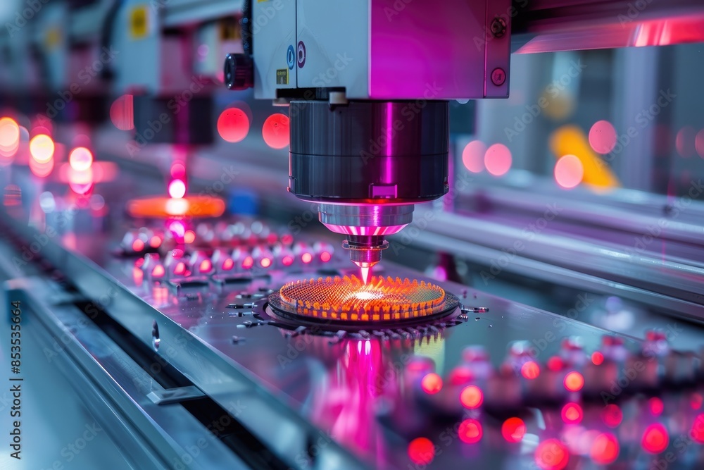 Poster robotic manufacturing of semiconductors and computer chips from silicon wafers. modern technology co