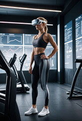 a woman wearing a virtual reality glasses stands in a gym with a monitor behind her