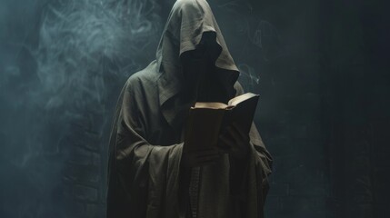 arafed hooded man in a dark robe reading a book