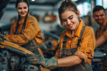 Fototapeta premium Team of mechanics collaborating on a car repair, Joyful mechanic in vibrant garage, collaborates on vehicle maintenance; teamwork evident amidst workshop tools and car parts, 