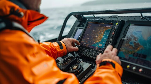 Professional fisherman navigating boat with modern technology at sea